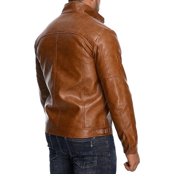Men's Brown Stand Collar Faux Leather Bomber Motorcycle Jacket with Zipper - Picture 6 of 7